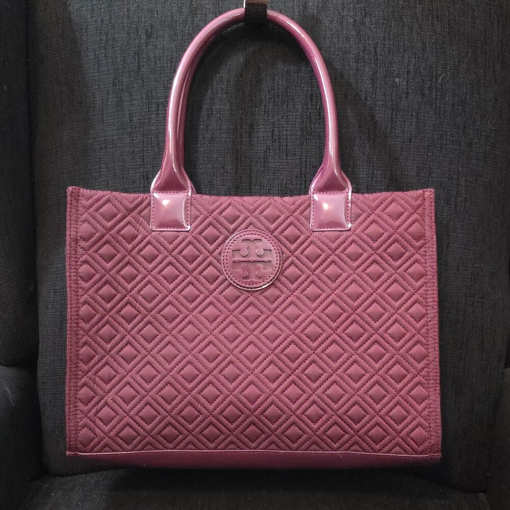 Tory Burch Burgundy Wine Color Ella Quilted Patent Leather Trim Tote